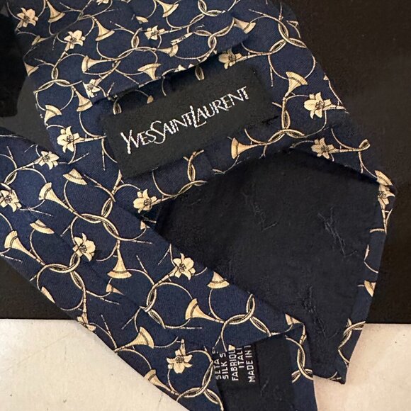 YSL Tie Yves Saint Laurent Silk Necktie Blue Daffodil Designer Couture Floral - Picture 5 of 5